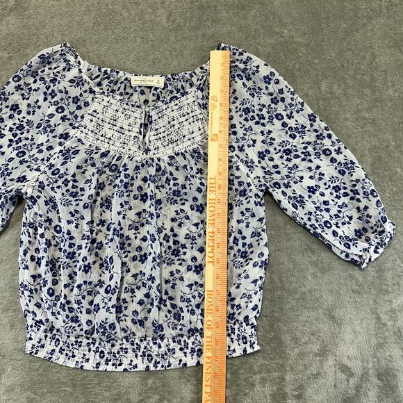 Abercrombie & Fitch Sheer Women's Top Medium Navy White Floral Embroidered Boho - Picture 4 of 12